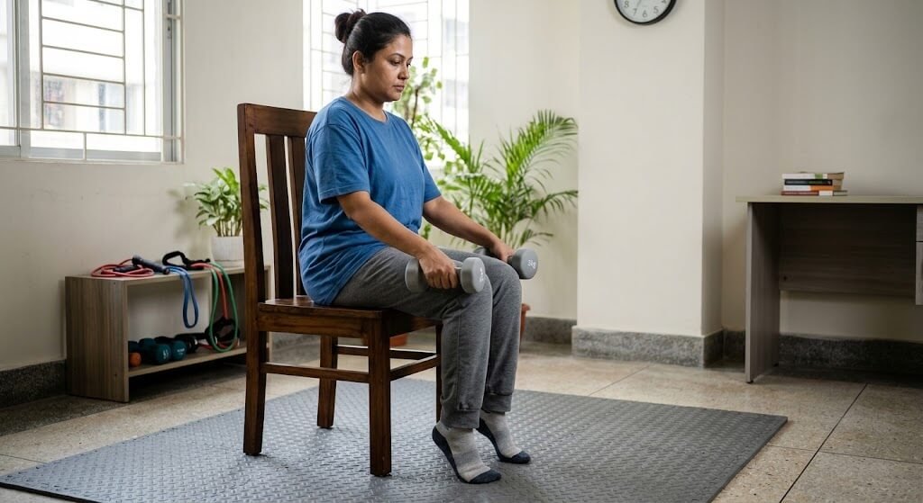 A person performing seated calf raises