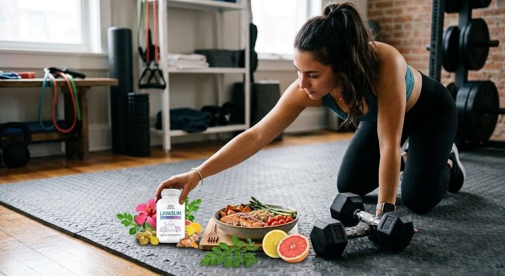 A person placing a bottle of dietary supplements