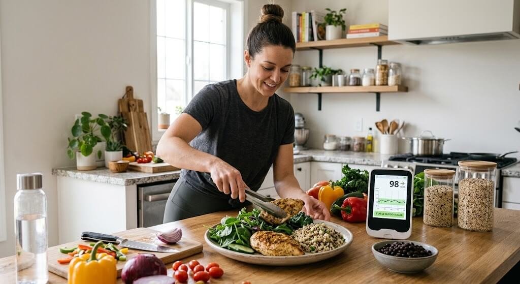 A person preparing a balanced meal with lean protein