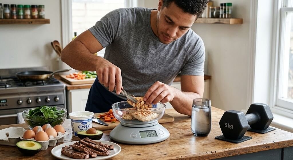 A person preparing a high-protein meal with