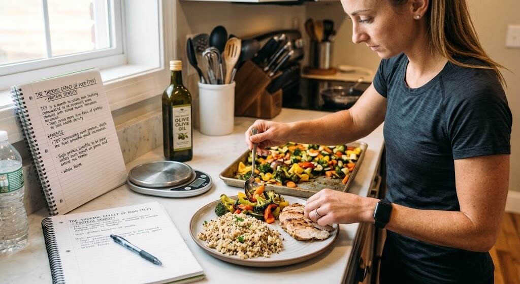 A person preparing a high-protein, whole-food meal with lean chicken, quinoa,