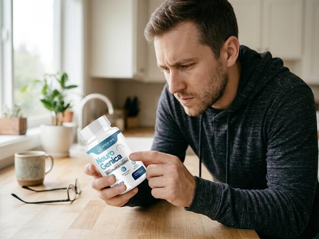 A person reading a supplement label carefully