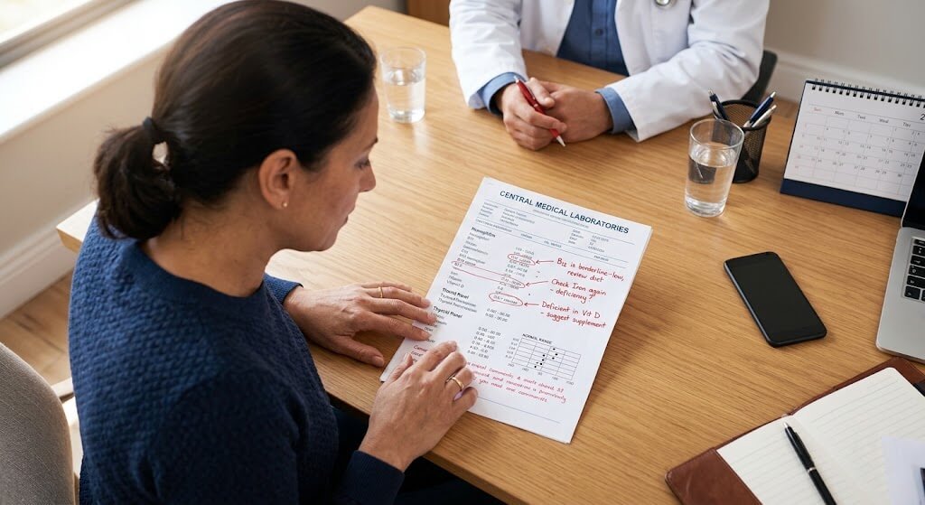 A person reviewing a printed lab report with a doctor’s notes, shown from above
