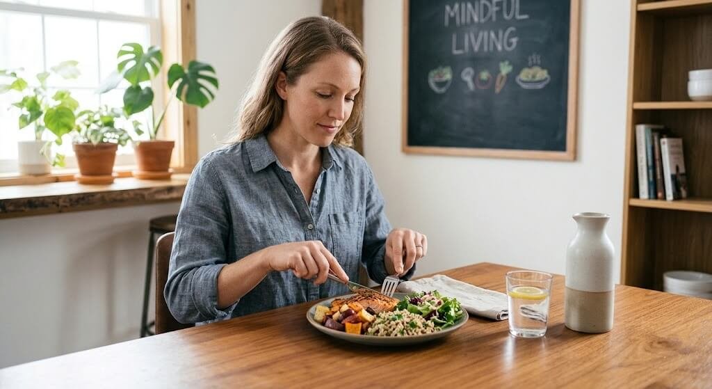 A person sitting at a clean dining table, eating a colorful, balanced