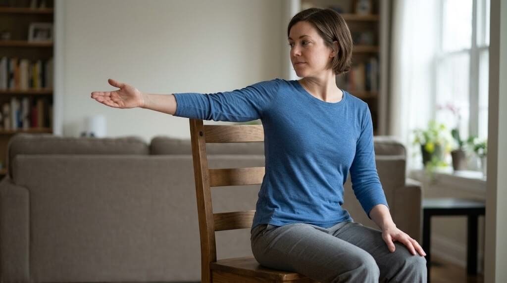 A person sitting on a chair, gently extending