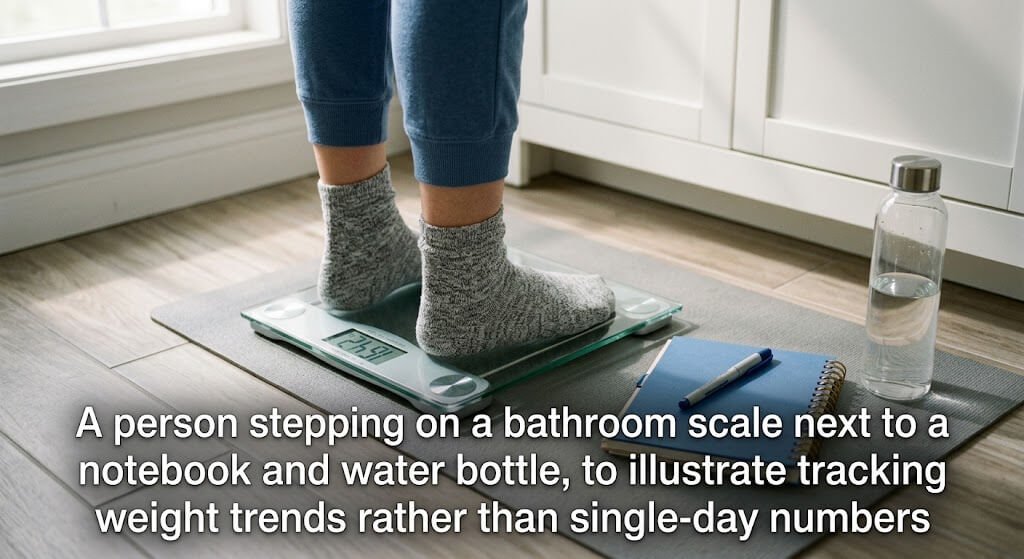 A person stepping on a bathroom scale next to a notebook and water bottle, to illustrate tracking weight trends rather than single-day numbers