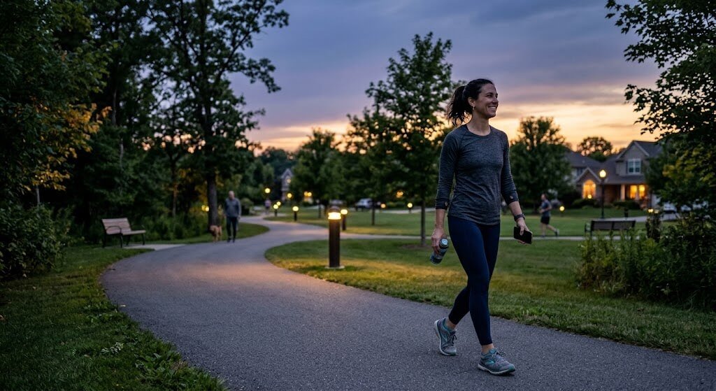 A person taking a relaxed evening walk in a neighborhood