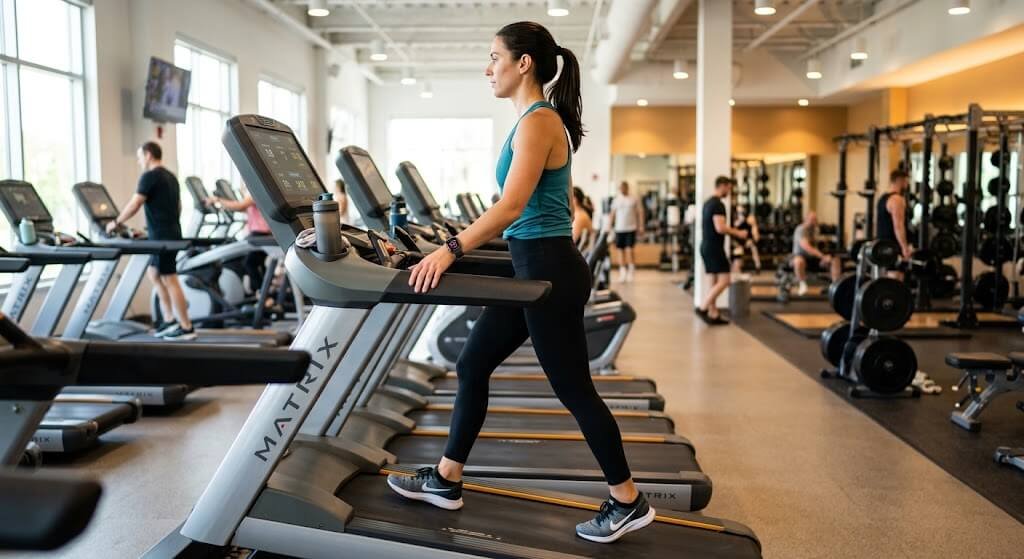 A person walking on an inclined treadmill in a well-lit gym, wearing athletic gear and a