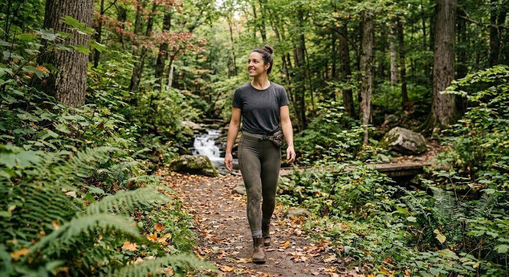 A person walking outdoors in nature, representing 