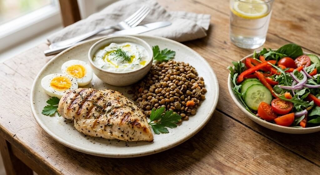 A plate showing a palm-sized portion of grilled chicken, eggs, Greek yogurt, and lentils next to vegetables