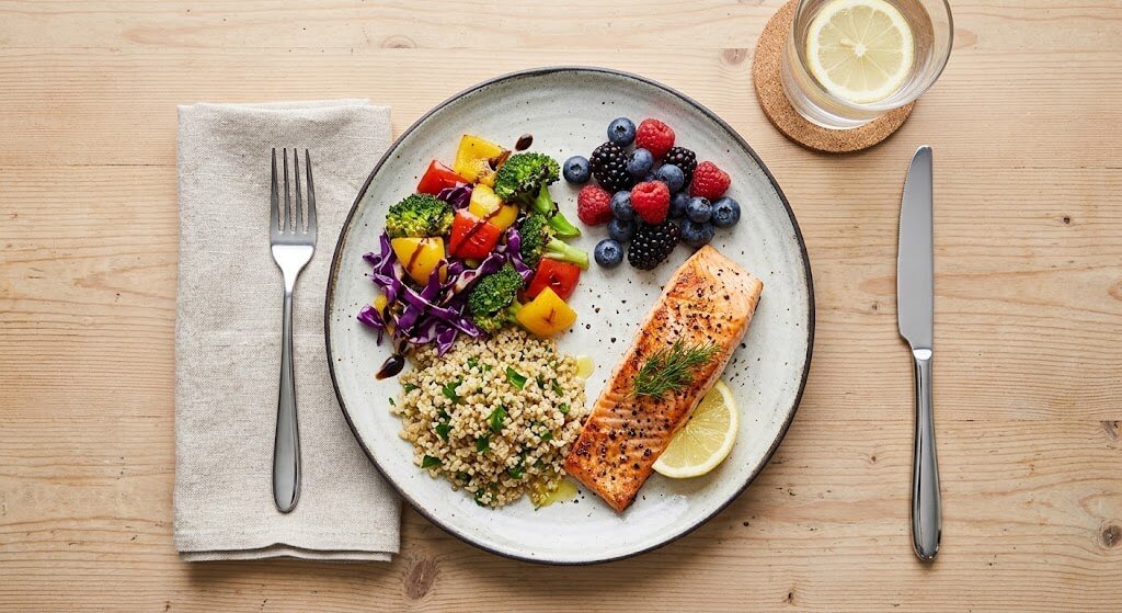 A realistic overhead image of a balanced meal with fish or beans, whole grains, colorful vegetables,