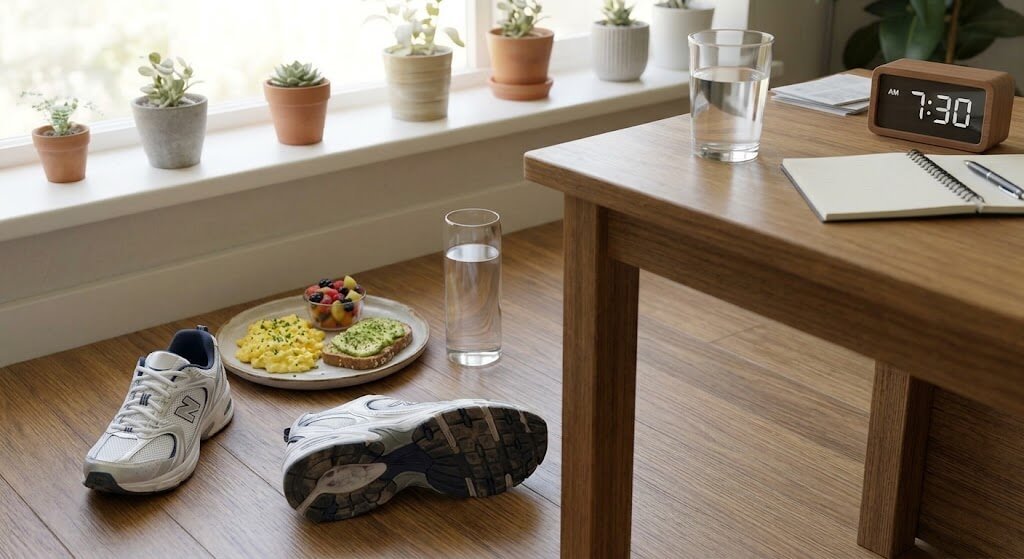 A realistic still life featuring a balanced breakfast, glass of water, 