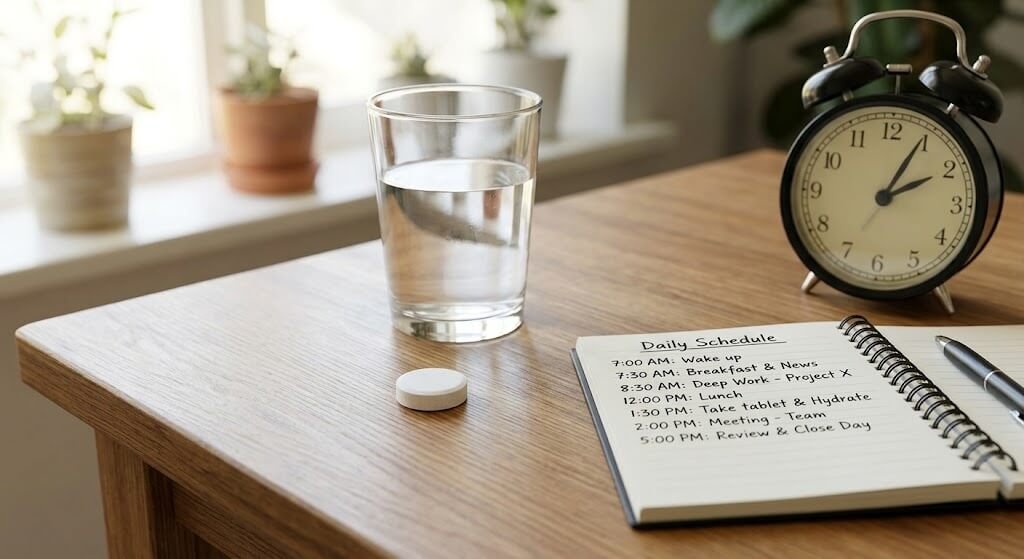 A realistic, unbranded caffeine tablet beside a glass of water and a simple clock on