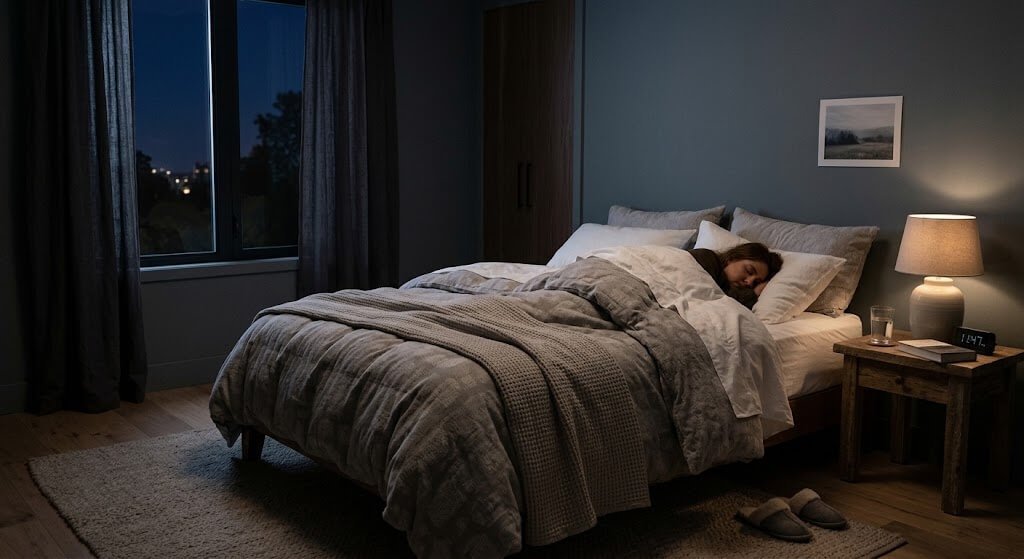  A realistic, uncluttered bedroom showing a comfortable bed