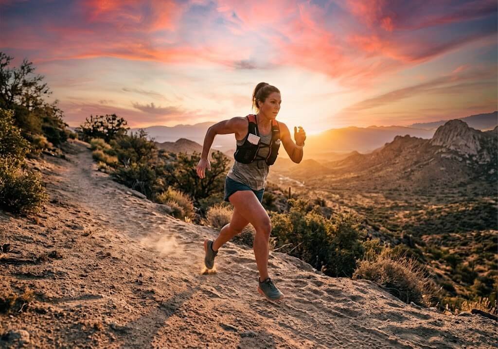  A runner doing a fast hill sprint on a trail with a clear slope and a sunrise backdrop