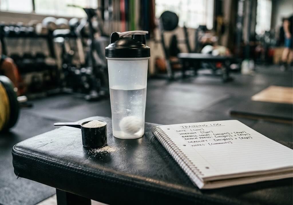 A scoop of creatine monohydrate powder next to a shaker bottle and a notebook with training logs, on a gym bench
