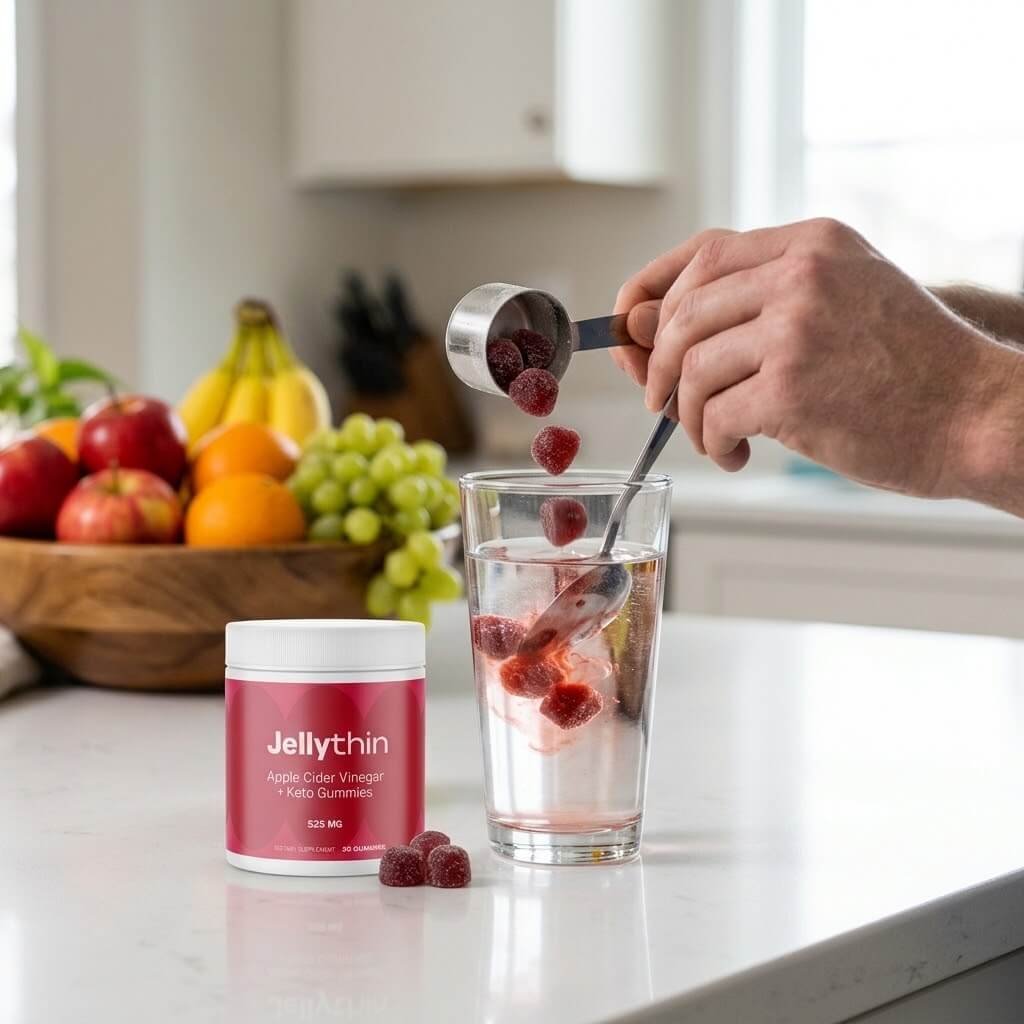 A scoop of inositol or protein powder being mixed into a glass of water on a clean kitchen counter,