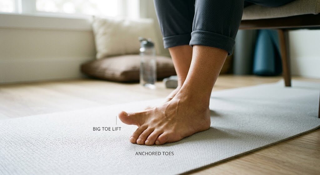 A seated toe-yoga demonstration showing