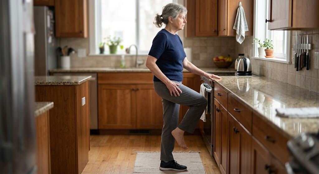 A senior adult performing a single-leg stance near a kitchen counter