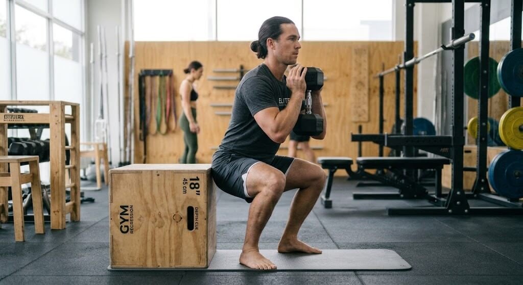 A side-angle demonstration of a goblet squat, showing proper