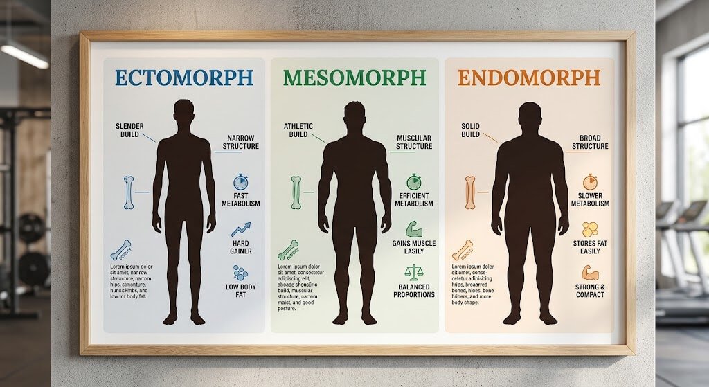 A side-by-side comparison chart showing ectomorph, mesomorph,