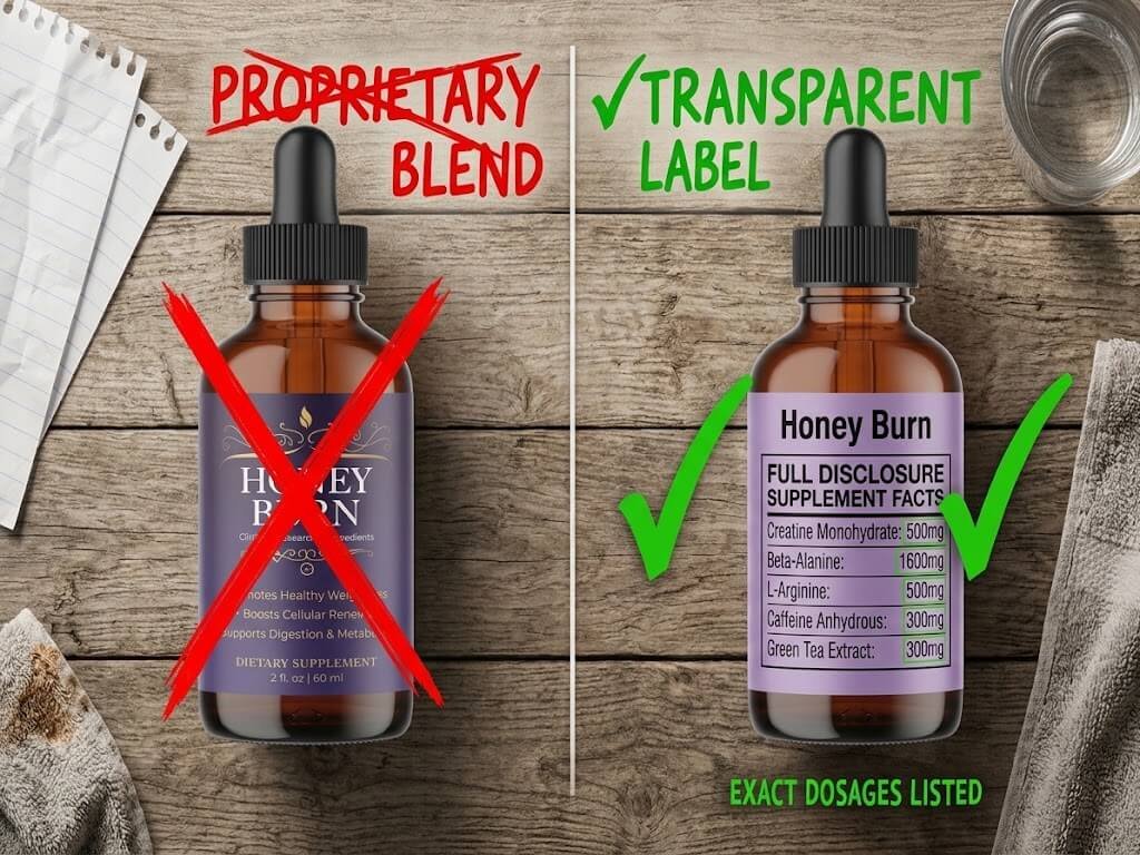 A side-by-side comparison graphic showing a Proprietary Blend label (crossed out in red) next to a Transparent