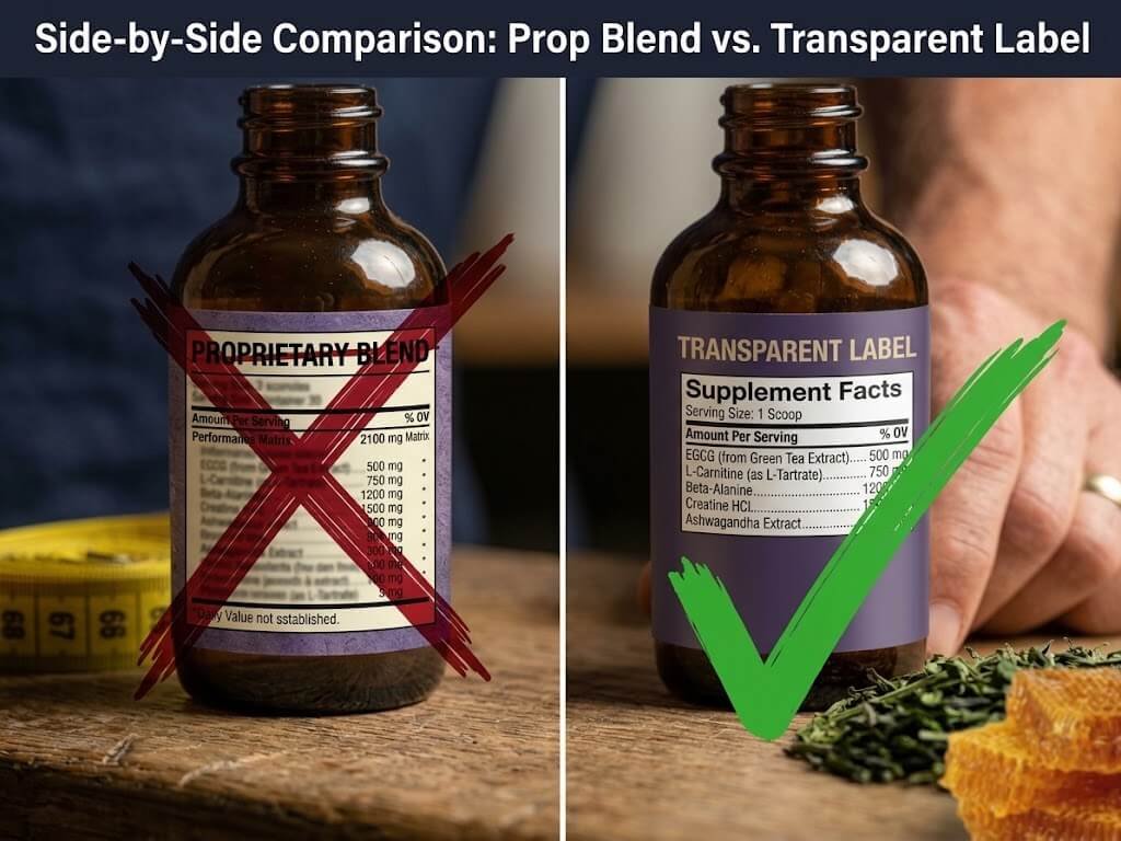 A side-by-side comparison graphic showing a Proprietary Blend label (crossed out in red) next to a Transparent Label