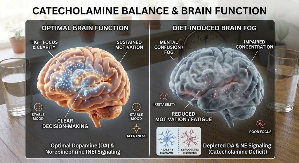 A side-by-side comparison graphic showing a brain with optimal dopamine and norepinephrine