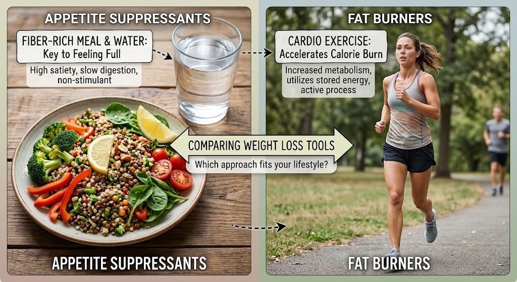 A side-by-side comparison graphic showing a fiber-rich meal and water glass