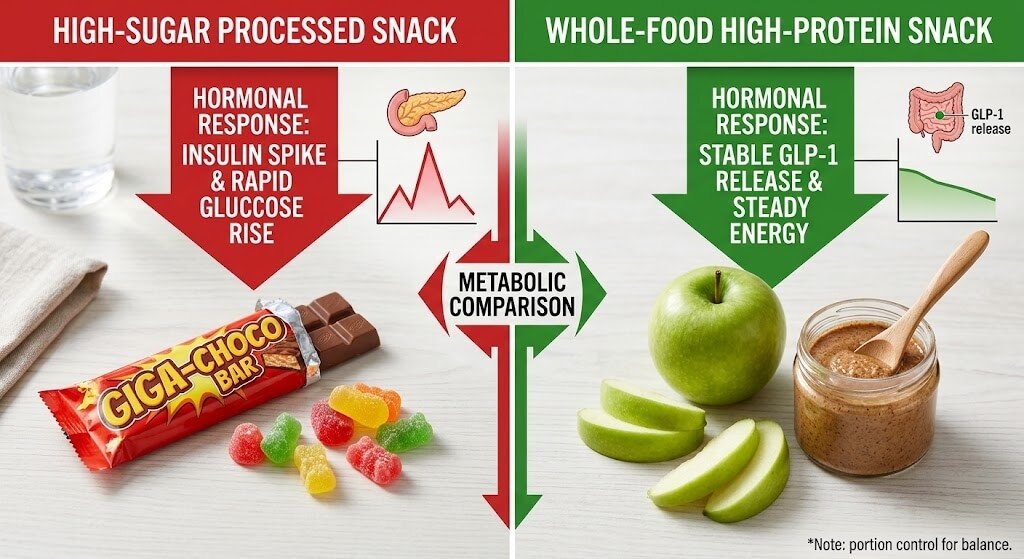 A side-by-side comparison graphic showing a high-sugar processed