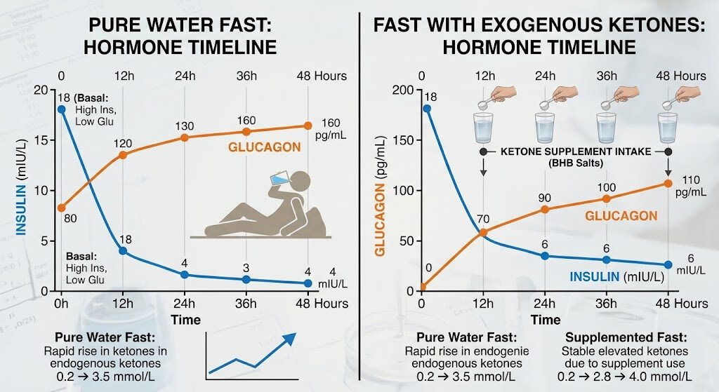 A side-by-side comparison graphic showing a timeline of insulin and glucagon levels during