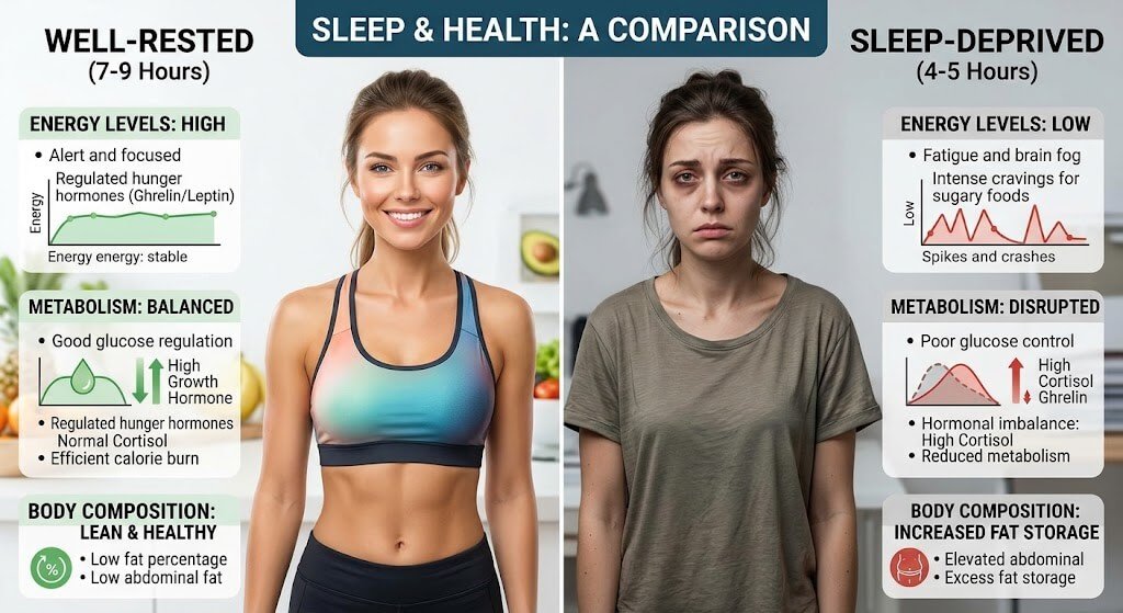  A side-by-side comparison graphic showing a well-rested person with balanced