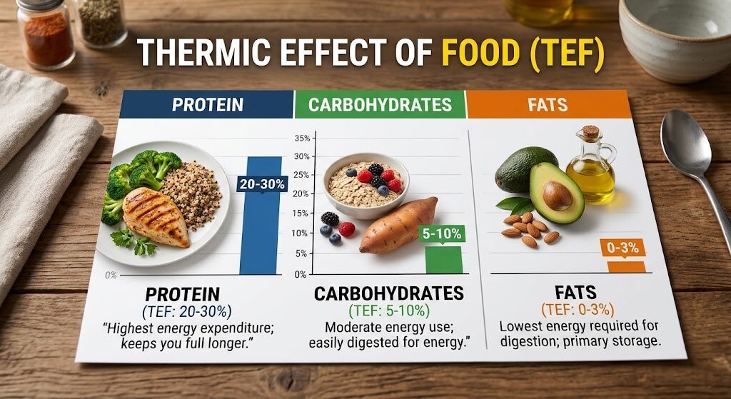 A side-by-side comparison graphic showing the thermic effect of food (TEF) percentages for protein