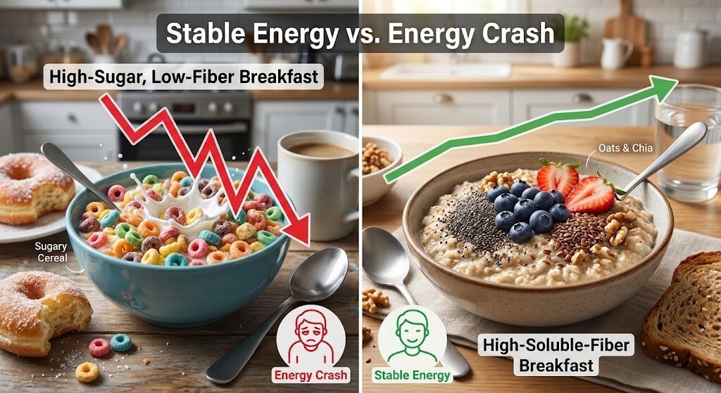 A side-by-side comparison of a high-sugar, low-fiber breakfast (e.g., sugary cereal) versus a high-soluble-fiber breakfast