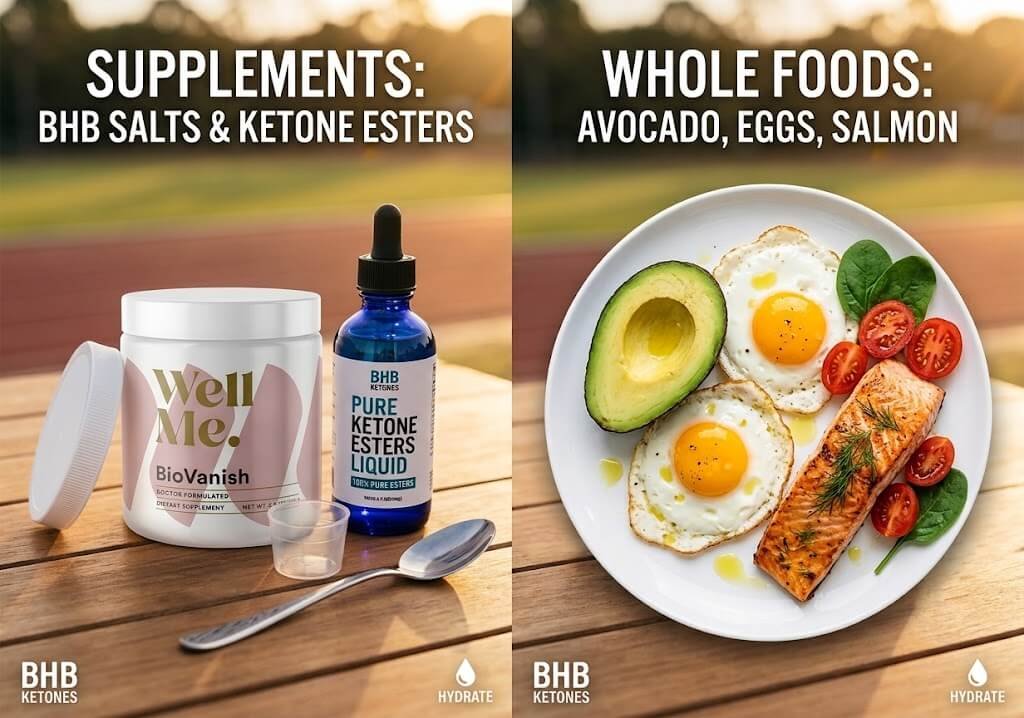  A side-by-side comparison of a tub of BHB salt powder, a bottle of liquid ketone esters, 