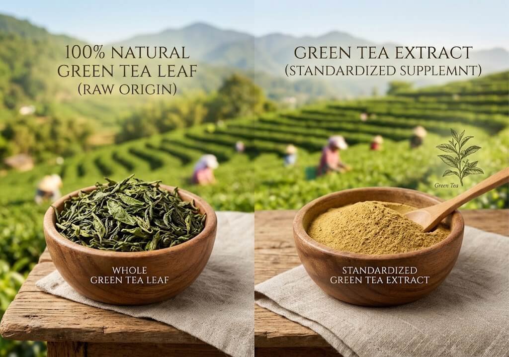 A side-by-side comparison of a whole green tea leaf and a