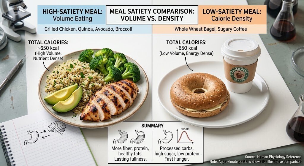 A side-by-side comparison photo of a high-satiety meal (grilled chicken, quinoa, avocado, and broccoli) versus