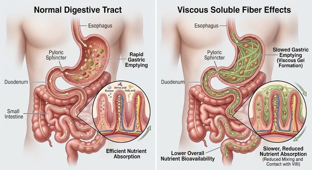 A side-by-side infographic showing a normal digestive tract versus one with viscous soluble fiber 