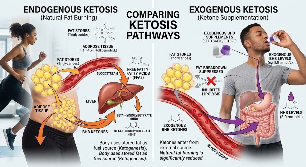 A side-by-side infographic showing endogenous ketosis (liver producing BHB from fat) versus exogenous ketosis (BHB entering the bloodstream directly from a supplement), with arrows indicating decreased fat breakdown in the exogenous pathway