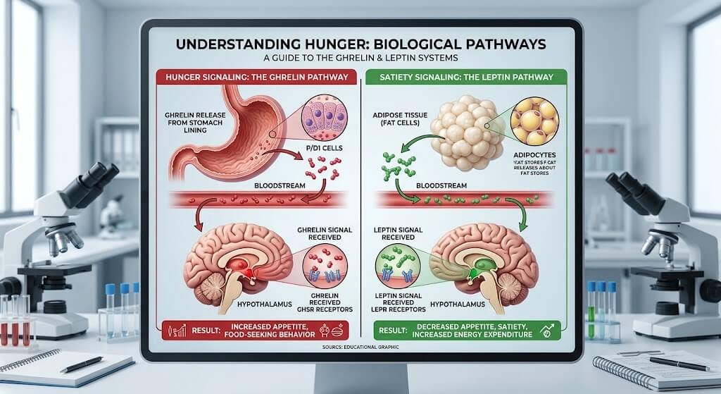 A side-by-side infographic showing the biological pathways of hunger, highlighting