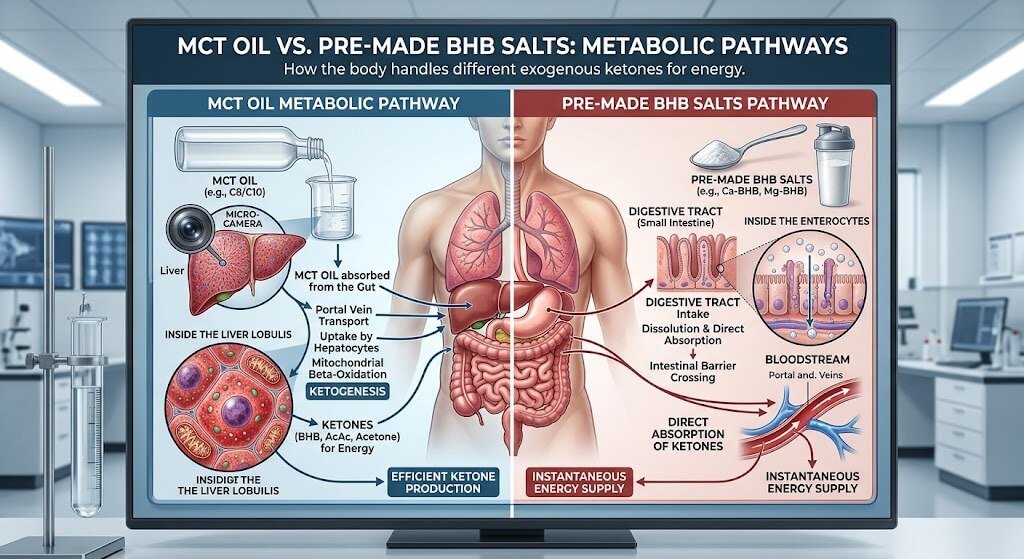 A side-by-side infographic showing the liver processing MCT oil into ketones versus the digestive