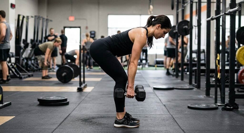A side-view demonstration of a person performing a Dumbbell Romanian