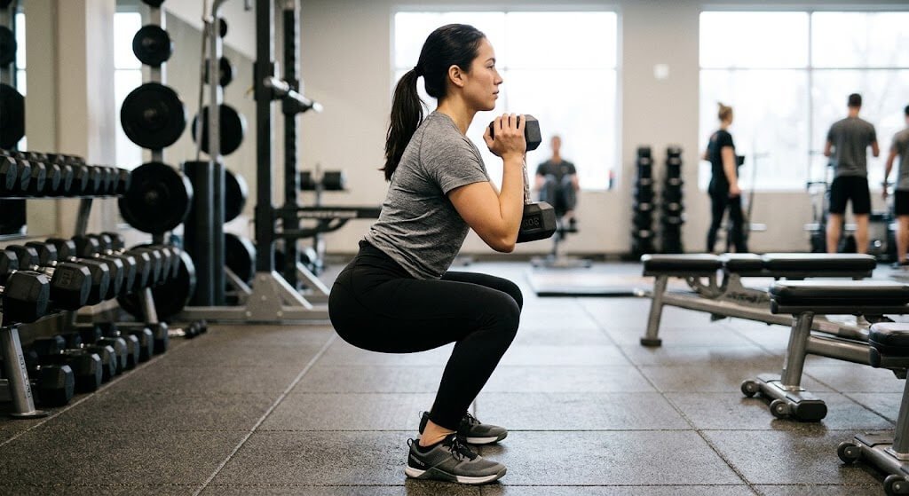 A side-view demonstration of a person performing a goblet squat with proper 