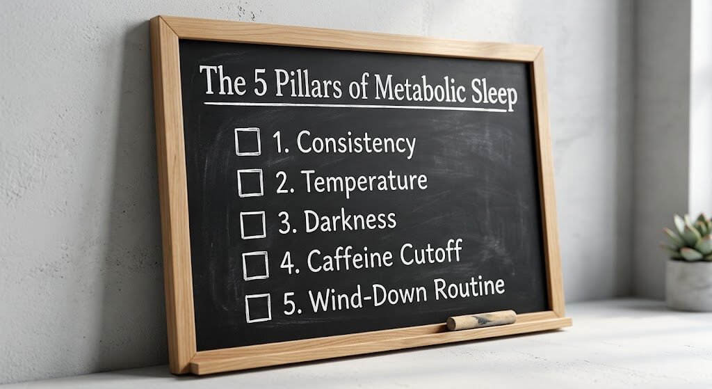 A simple, clean checklist graphic titled The 5 Pillars of Metabolic Sleep,