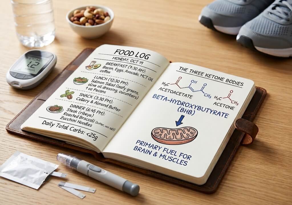 A simple food log notebook next to a blood ketone meter