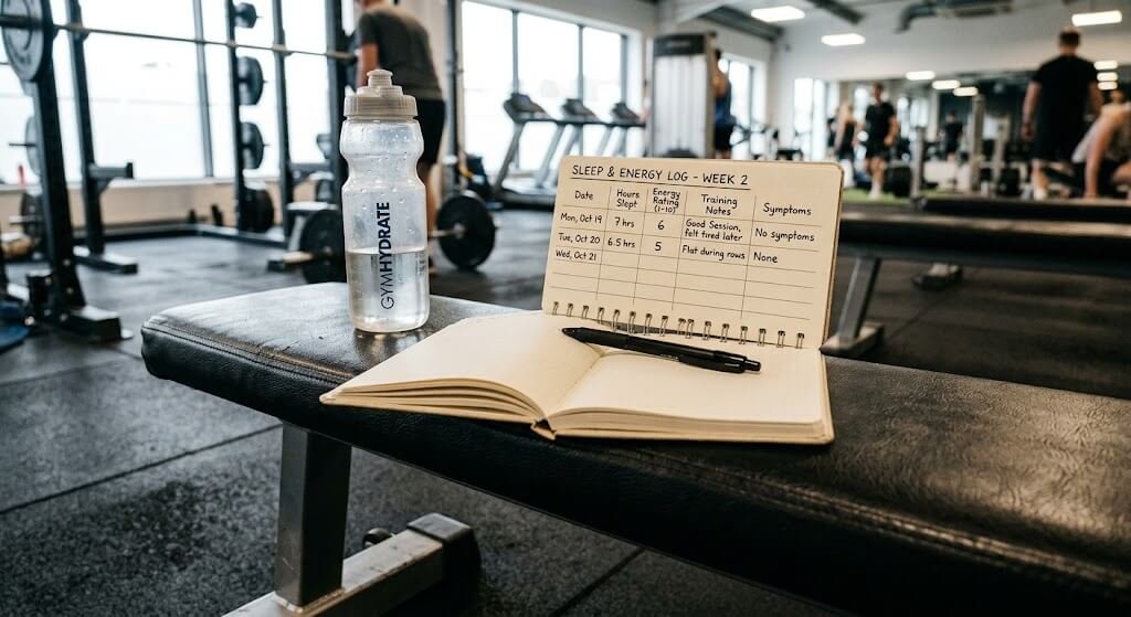 A simple sleep and energy journal open on a gym bench beside a water bottle
