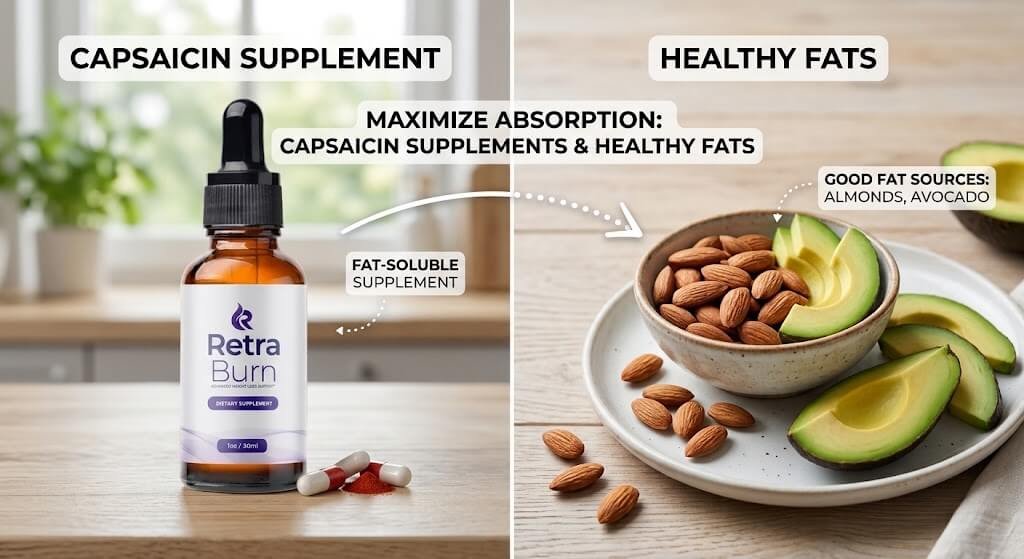 A split image showing a bottle of capsaicin supplements on one side and a small 
