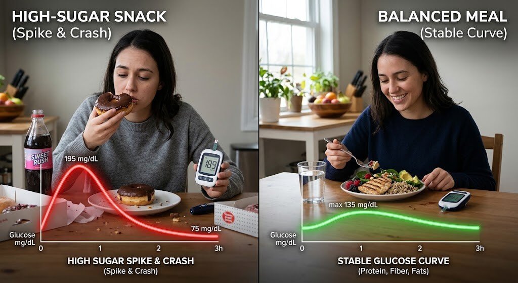 A split image showing a high-sugar snack causing a blood sugar spike and crash, contrasted with a balanced