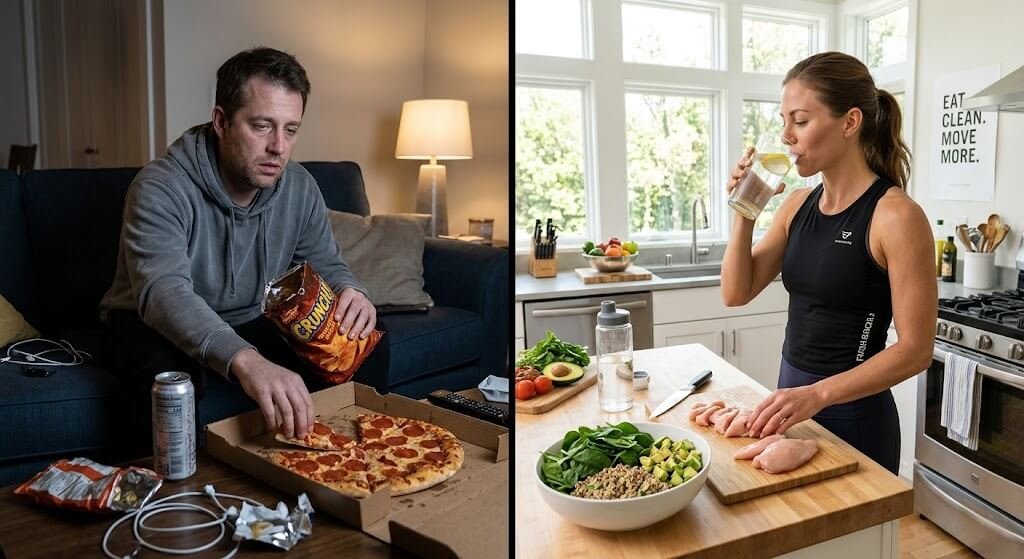 A split image showing a person looking tired and reaching for junk food versus a person