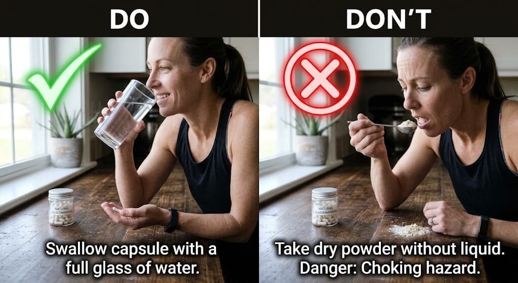 A split-screen graphic showing a Do (taking a capsule with a full glass of water) and